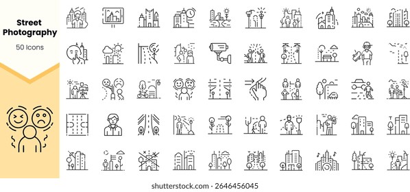A collection of 50 minimalistic line icons representing various aspects of street photography, showcasing diverse scenes and subjects.