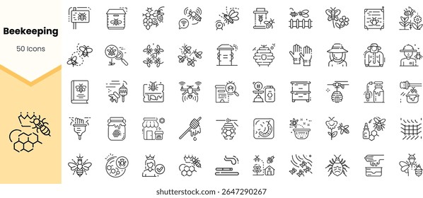 Uma coleção de 50 ícones de linha minimalistas representando vários aspectos da apicultura, incluindo abelhas, colmeias e ferramentas, ideais para temas agrícolas ou ecológicos.