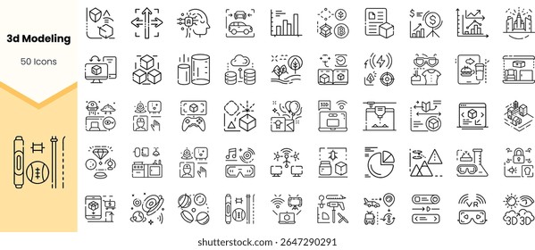 Uma coleção de 50 ícones de linha minimalistas representando vários aspectos de modelagem e design 3D, incluindo tecnologia, gráficos e visualização de dados.