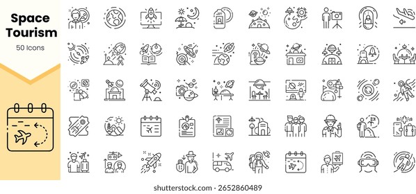 A collection of 50 minimalistic line icons representing various aspects of space tourism, featuring astronauts, planets, spacecraft, and travel-related elements.