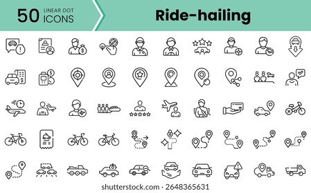 A collection of 50 minimalistic linear icons representing ride-hailing services, including vehicles, users, ratings, and navigation.