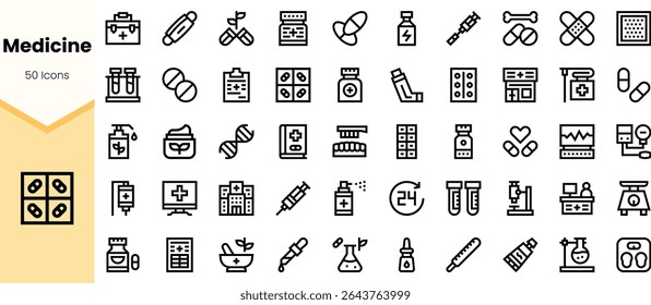 Coleção de 50 ícones minimalistas de medicina e saúde, apresentando vários elementos, incluindo pílulas, seringas e equipamentos de laboratório em um design limpo e monocromático.