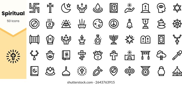 A collection of 50 minimalistic spiritual icons representing various belief systems, including symbols of peace, meditation, and faith in a modern design.