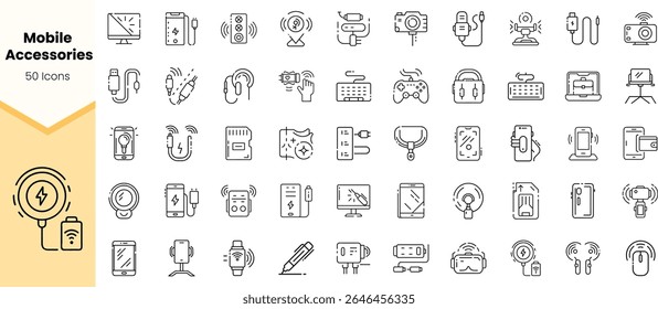 Uma coleção de 50 ícones de acessórios móveis, destacando vários dispositivos e gadgets em um design limpo e minimalista com contornos contra um fundo claro.