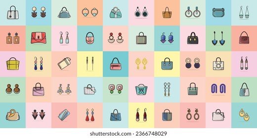 Collection of 50 Modern Designer Ladies Handbags and Colorful Earrings vector illustration. Beauty fashion objects icon concept. Set of women fashion design accessories vector design.