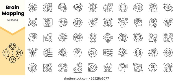 A collection of 50 monochrome brain mapping icons illustrating various concepts related to cognition, emotions, and mental processes in a clean and modern design.