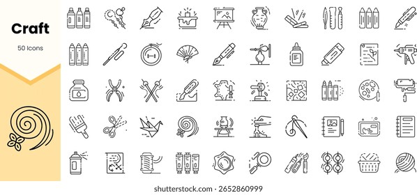 A collection of 50 monochrome craft icons showcasing various artistic tools and supplies, ideal for creative projects and design work.