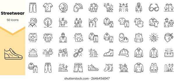 A collection of 50 monochrome streetwear icons showcasing various clothing items and accessories, perfect for fashion designers and trend enthusiasts.
