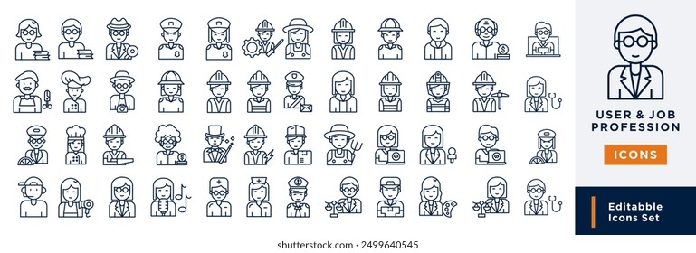 A collection of 50 outline icons related to People icons of all professions depicting All types of workers. Linear icons collection. Editable strokes. Vector illustration