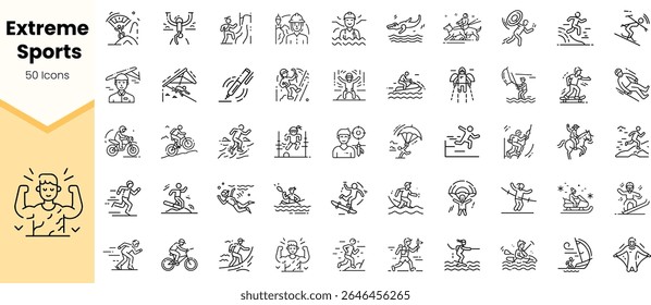 A collection of 50 outlined icons representing various extreme sports activities, showcasing dynamic movements and adventurous spirit.