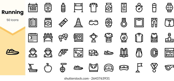 A collection of 50 running-themed icons illustrating various aspects of the sport, including accessories, gear, and activities, in a clean, minimalist style.