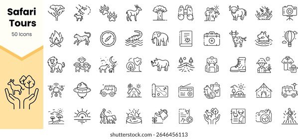 A collection of 50 safari-themed line icons representing various wildlife, activities, and tools for an adventurous experience in nature.