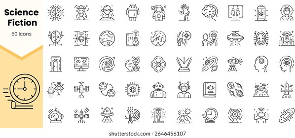 Uma coleção de 50 ícones com temas de ficção científica apresentando robôs, alienígenas, elementos espaciais e tecnologia futurista, ideais para projetos e designs criativos.