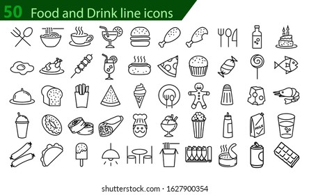 a collection of 50 sets of line icons, various kinds of food and drinks