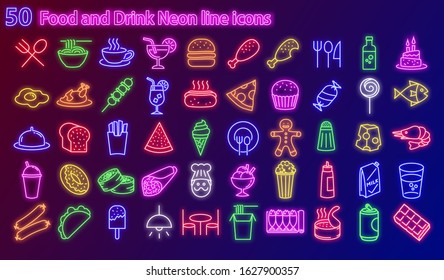 a collection of 50 sets of line neon icons, various kinds of food and drinks