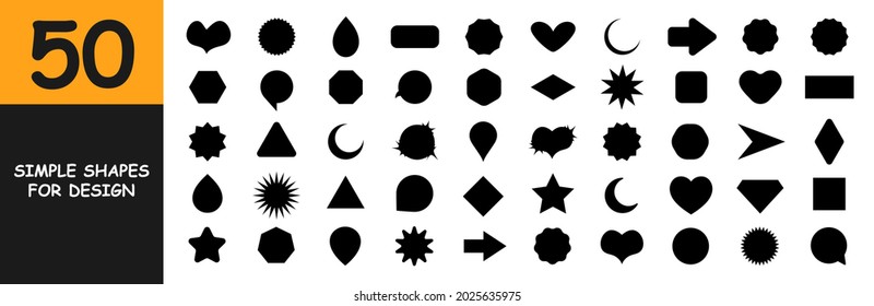 Collection of 50 simple basic shapes for design. Black vector symbols and shapes isolated on white