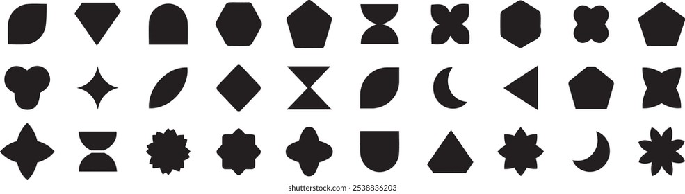 Collection of 50 simple basic shapes for design. Black vector symbols and shapes isolated on white. Basic shapes for design. Stars, triangle, hexagon, square, rectangle, heart. Geometric vector elemen