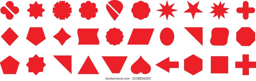 Collection of 50 simple basic shapes for design. Black vector symbols and shapes isolated on white. Basic shapes for design. Stars, triangle, hexagon, square, rectangle, heart. Geometric vector elemen