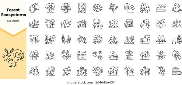 Uma coleção de 50 ícones de linha simples representando vários elementos de ecossistemas florestais, incluindo árvores, vida selvagem e recursos naturais.