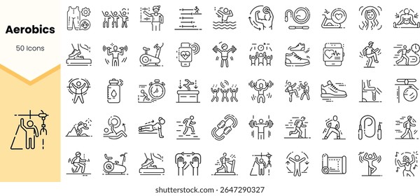 Uma coleção de 50 ícones de linha elegantes representando várias atividades aeróbicas, mostrando fitness, rotinas de exercícios e estilos de vida saudáveis em um estilo minimalista.