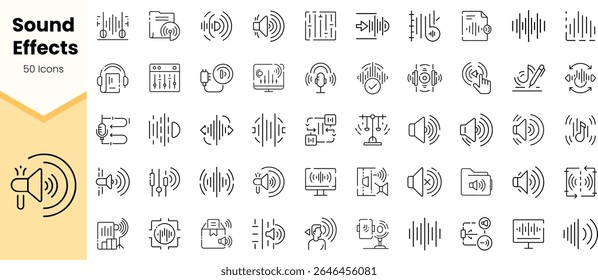 Uma coleção de 50 ícones de efeitos sonoros exibindo vários temas de áudio, incluindo fones de ouvido, alto-falantes e ondas sonoras, em um fundo claro.