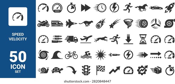 A collection of 50 speed, velocity, and motion-themed icons, featuring vehicles, fast animals, timers, and abstract motion symbols on a white background.