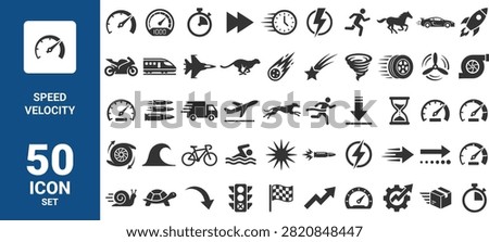 A collection of 50 speed, velocity, and motion-themed icons, featuring vehicles, fast animals, timers, and abstract motion symbols on a white background.