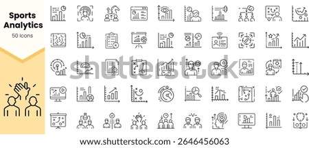 A collection of 50 sports analytics icons in a minimalist design, showcasing various elements like charts, graphs, and sports figures, perfect for data visualization.