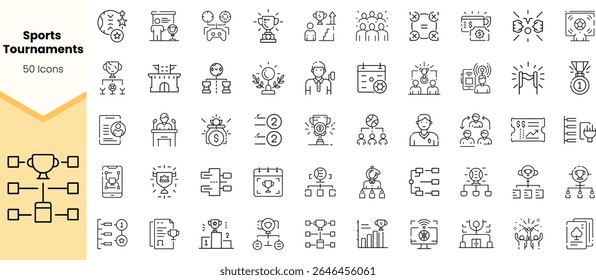 A collection of 50 sports tournament icons illustrating teamwork, competition, and achievements in a minimalist design. Perfect for event planning and sports-related projects.