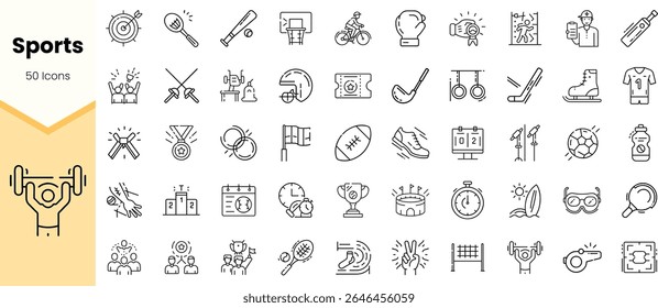 A collection of 50 sports-themed icons, featuring various athletic equipment and symbols representing a diverse range of sports and activities.
