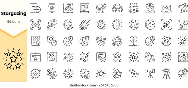 Uma coleção de 50 ícones de observação estelar em estilo de arte de linha minimalista, apresentando telescópios, estrelas, planetas e elementos do céu noturno, perfeito para os entusiastas da astronomia.