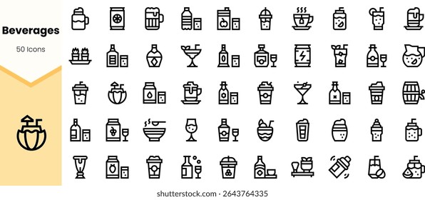 A collection of 50 stylish beverage icons, featuring various drinks including cocktails, smoothies, and coffees, perfect for any design or branding project.