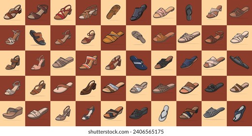 Collection Of 50 Stylish Leather Women Slippers, Trendy Casual Style Slippers Shoes vector illustration. Beauty fashion objects icon concept. Fashionable woman slippers vector design.