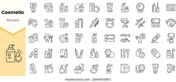A collection of 50 stylish line art icons representing various cosmetic products, including skincare, makeup, and beauty tools, ideal for beauty industry graphics.