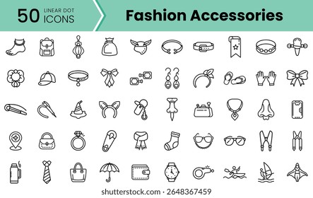 A collection of 50 stylish linear dot icons representing various fashion accessories, including bags, jewelry, and headwear designs for modern aesthetics.