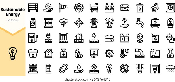 A collection of 50 sustainable energy icons, featuring themes such as renewable resources, energy efficiency, and eco-friendly practices in a clean, minimalist design.