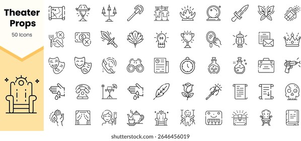 A collection of 50 theater prop icons, featuring various styles such as masks, scripts, and awards, all in a neat, monochrome design.