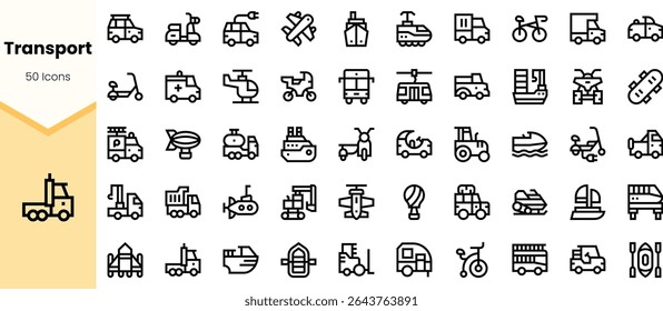A collection of 50 transport icons, featuring various vehicles including cars, bicycles, boats, and aircraft in a sleek, minimalist style.