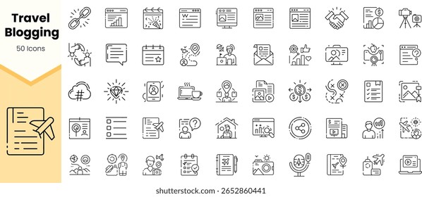 Uma coleção de 50 ícones de blogues de viagem em um estilo de arte de linha minimalista, apresentando vários símbolos relacionados à viagem, comunicação e criação de conteúdo digital.