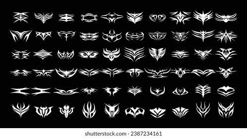 Collection of 50 Tribal shapes with a cyberpunk twist. Set of Symmetric Tribal Patterns Cyber Gothic Elements in Abstract Black and White print for t-shirt, hoodie and sweatshirt or card, poster