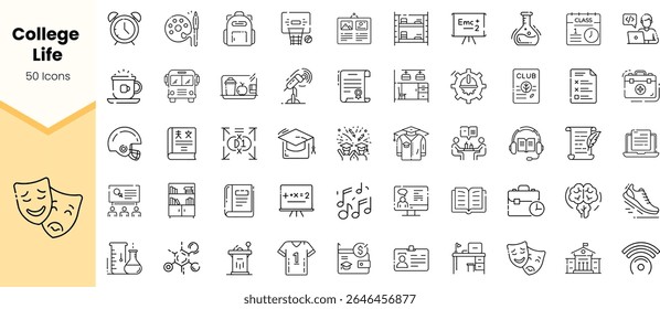 A collection of 50 vector icons representing various aspects of college life, including study materials, activities, and campus life, showcased in a clean, minimalist style.