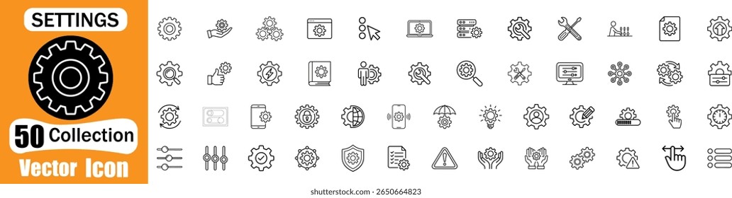 Collection of 50 vector icons representing settings and configurations in a clean outline style