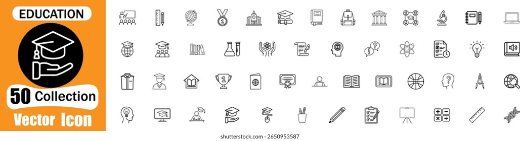 A collection of 50 vector icons representing various aspects of education and learning, including graduation caps, books, globes, and scientific symbols.