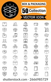 A collection of 50 vector icons representing various boxes and packaging designs, presented in a clean, illustrative style.