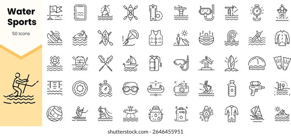 A collection of 50 water sports icons, featuring various activities and equipment like surfboards, life rings, and swimming medals, illustrated in a minimalist style.