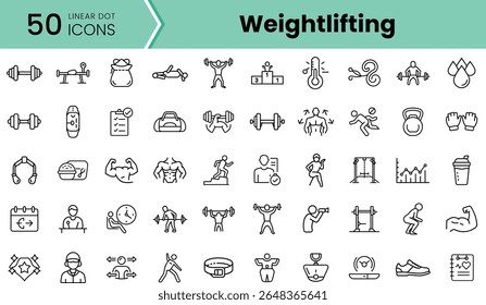 A collection of 50 weightlifting icons showcasing various exercises, equipment, and fitness activities in a minimalist linear design, perfect for gym and health-related themes.
