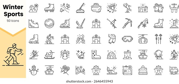 A collection of 50 winter sports icons, showcasing various activities from skiing to ice skating, designed in a minimalistic line art style.