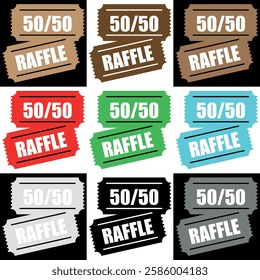 Collection of 50-50 raffle icons in different colors. Clipart image isolated on black and white background. Editable vector illustration.