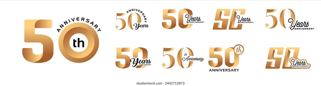 Collection of 50th Anniversary vector template designs with various styles of numbers in elegant gold color for celebration events, weddings, greeting cards and invitations