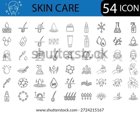 A collection of 54 black line icons on white background representing skin care and beauty related concepts, including products and treatments for face and body